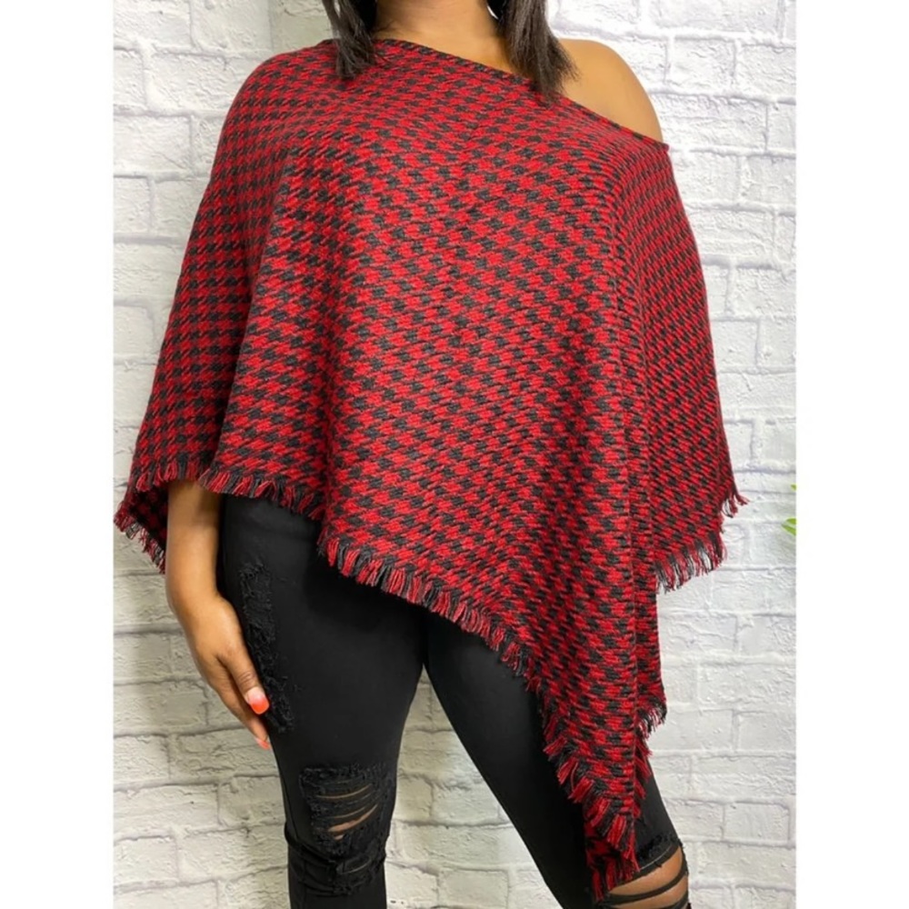 NWT Bijoux Terner Red & Black Houndstooth Poncho